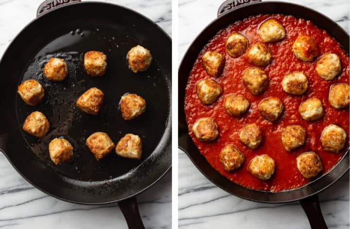 frying chicken meatballs in a skillet and adding marinara sauce