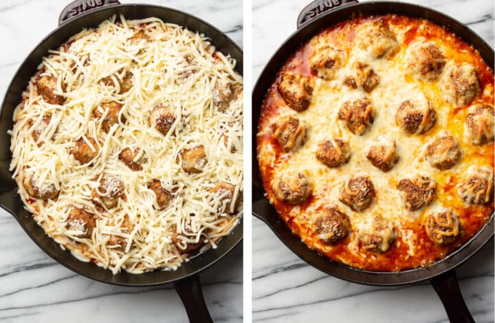 cheesy chicken parmesan meatballs in a skillet before and after baking