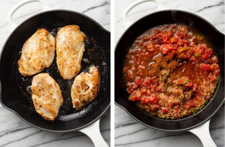 pan frying chicken in a skillet and making southwest sauce