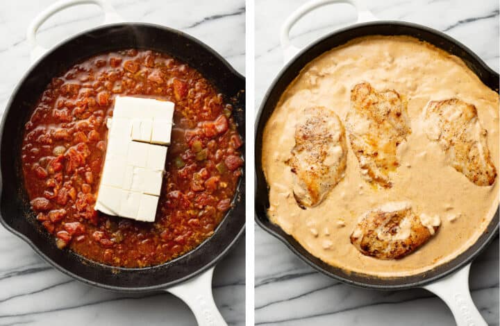 adding cream cheese to a skillet for creamy southwest chicken