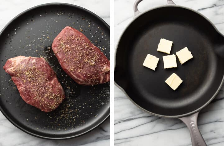 seasoning filet mignon and melting butter in a skillet