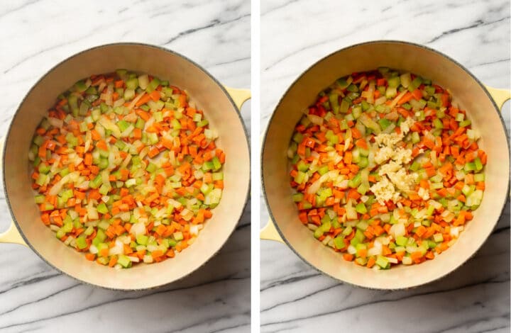 making mirepoix in a pot for ham and bean soup