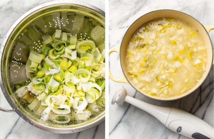 leeks in a colander and an immersion blender next to a pot of potato leek soup