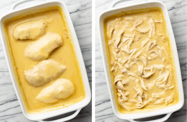 chicken and gravy in a casserole dish before and after shredding