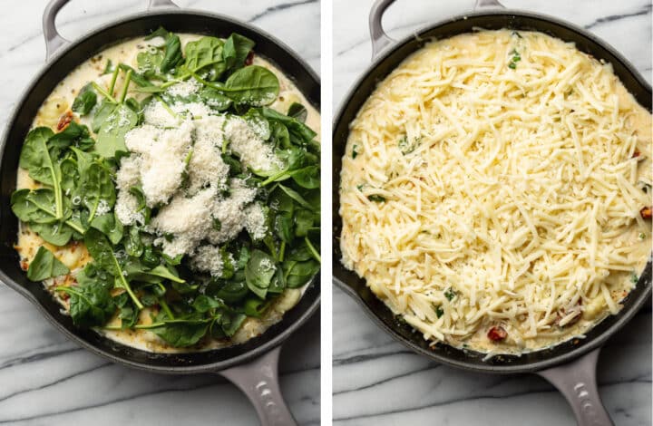 adding spinach and mozzarella to a skillet with baked gnocchi