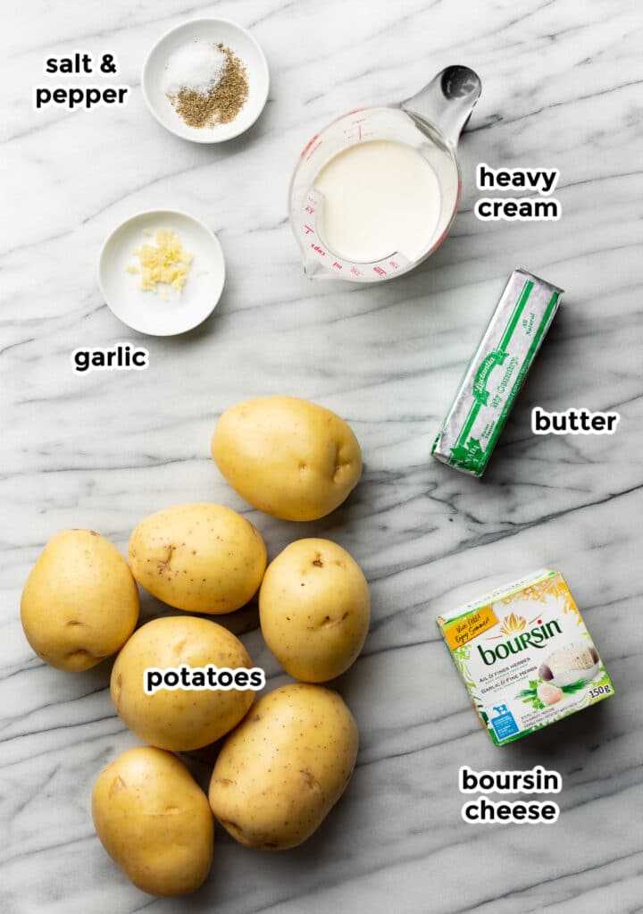 ingredients for mashed potatoes with boursin on a countertop
