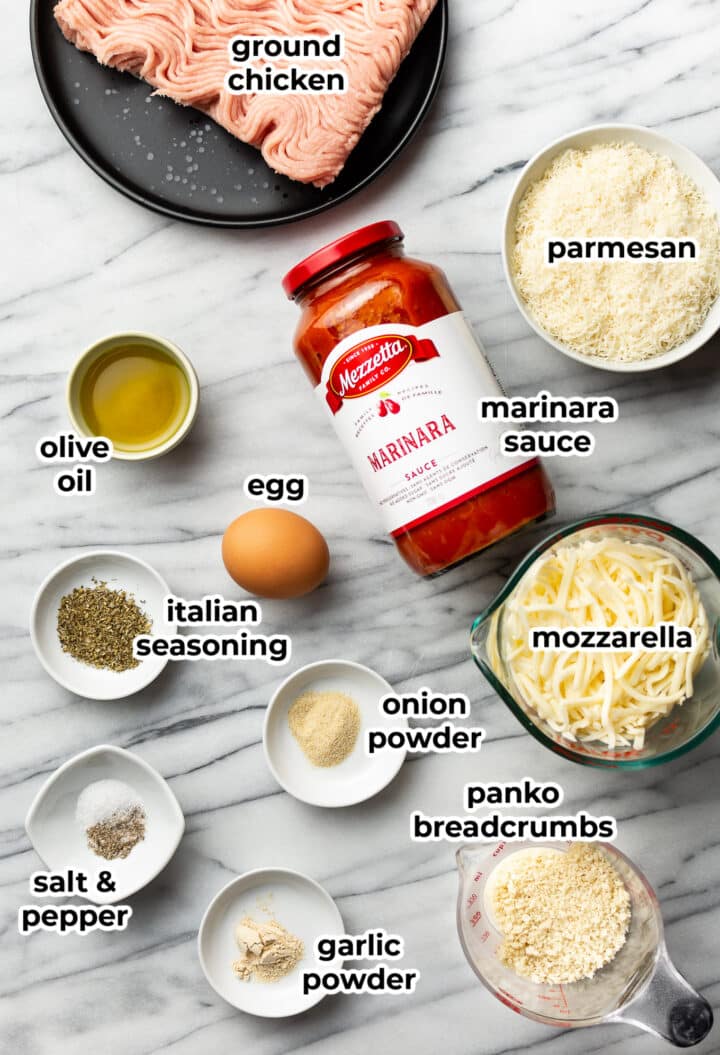ingredients for chicken parmesan meatballs in prep bowls