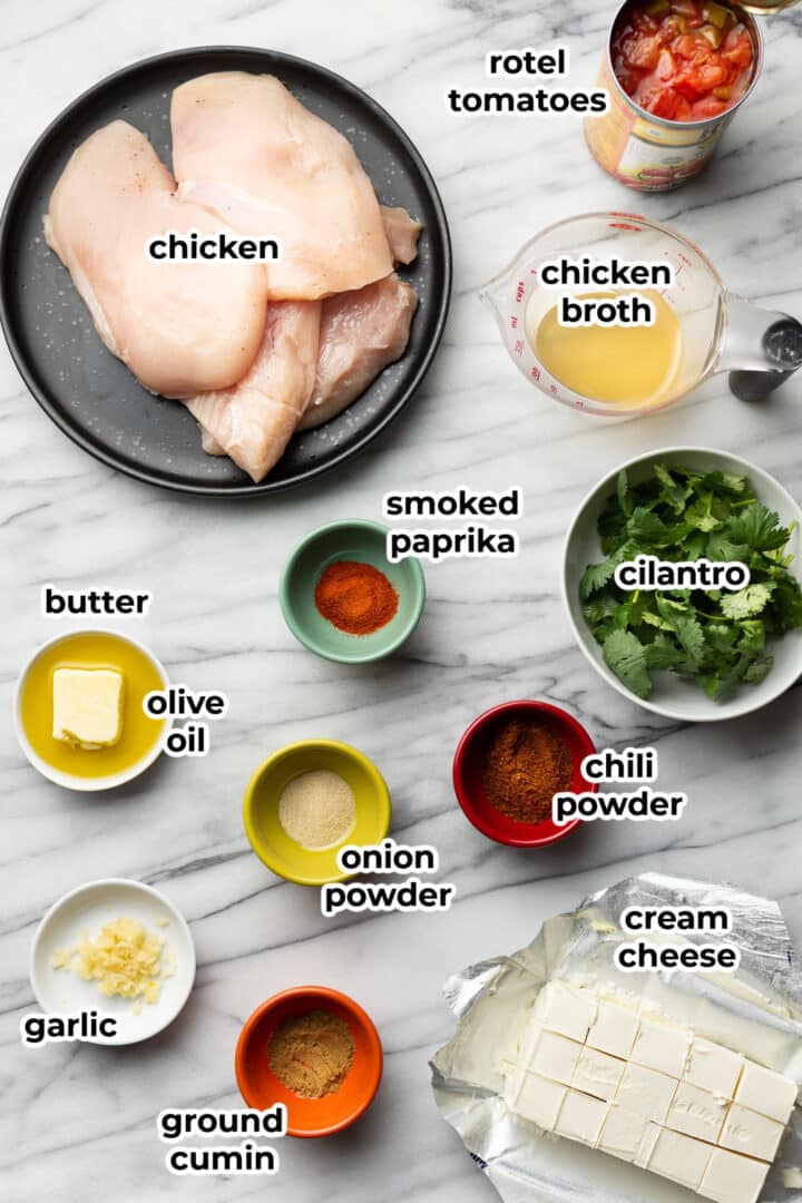 ingredients for creamy southwest chicken in prep bowls