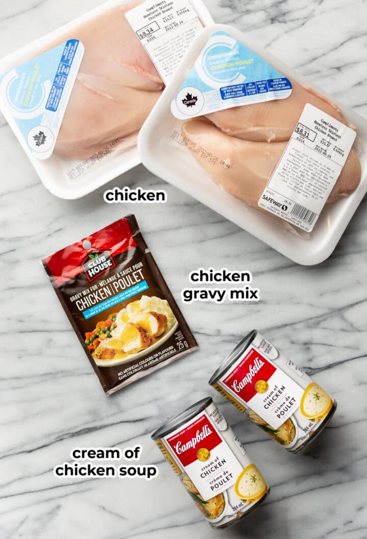 ingredients for chicken and gravy on a marble countertop