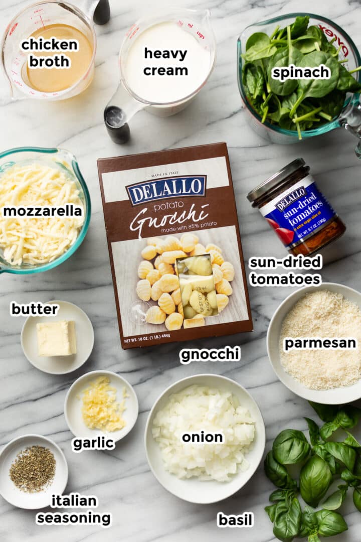 ingredients for tuscan baked gnocchi in prep bowls