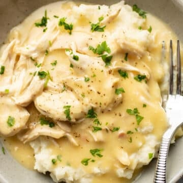 a bowl of shredded chicken and gravy over mashed potatoes