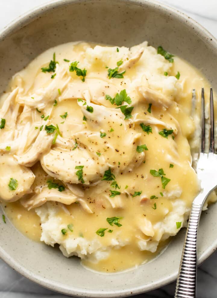 a bowl of shredded chicken and gravy over mashed potatoes