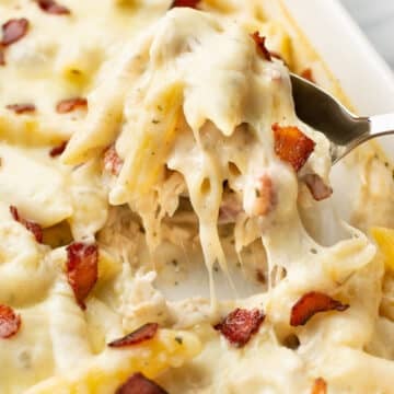 closeup of a baking dish with chicken bacon ranch casserole