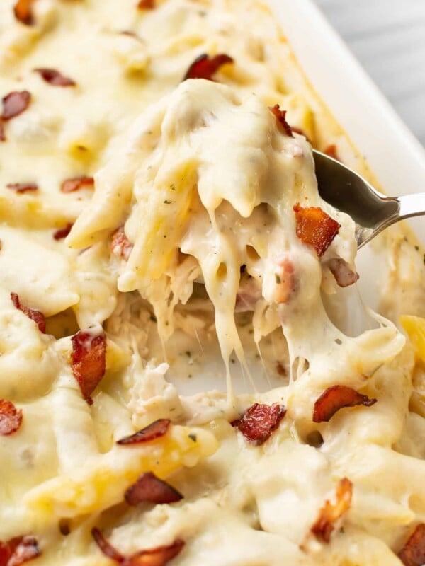 closeup of a baking dish with chicken bacon ranch casserole