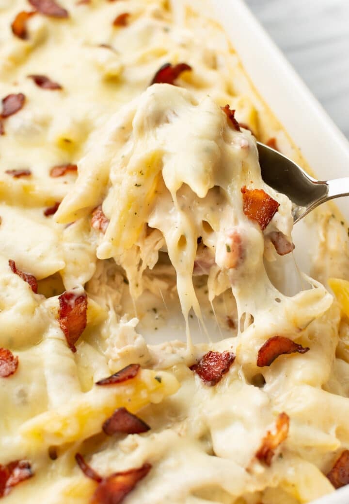 closeup of a baking dish with chicken bacon ranch casserole