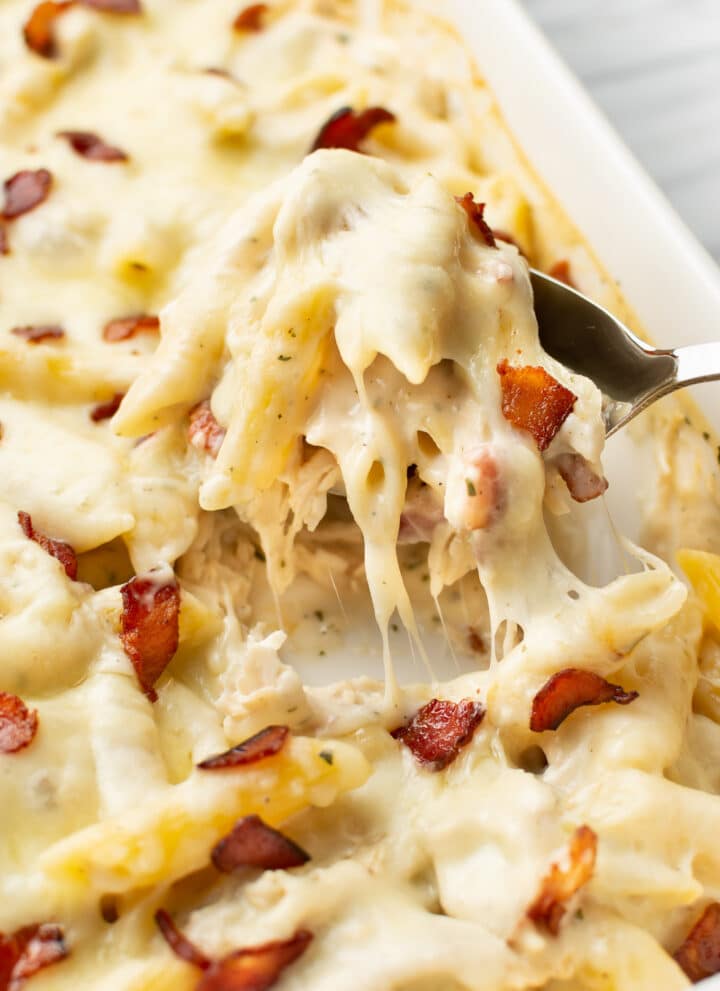 closeup of a baking dish with chicken bacon ranch casserole
