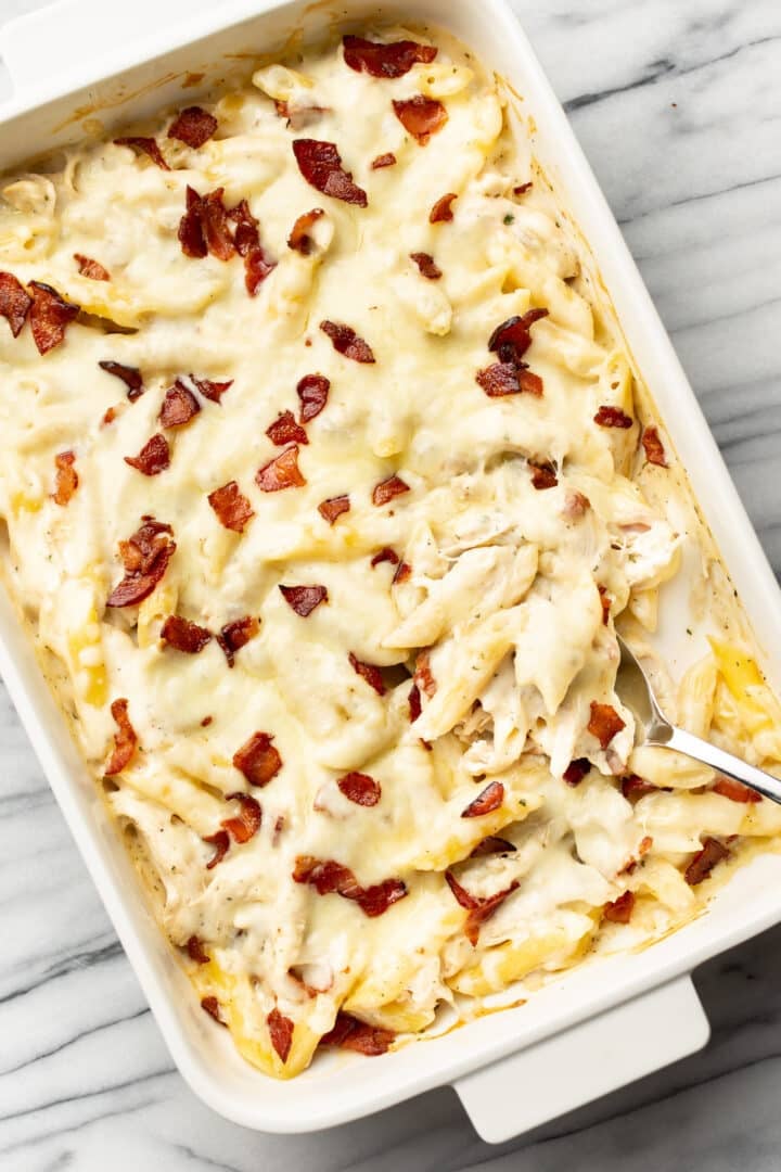 a baking dish with chicken ranch casserole