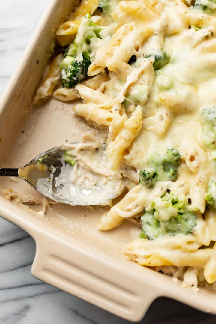 closeup of a baking dish with chicken and broccoli pasta bake