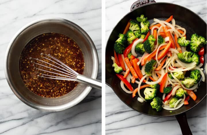 mixing stir fry sauce in a bowl and sauteing vegetables in a skillet