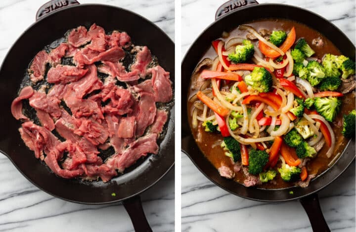 cooking steak in a skillet and adding vegetables and sauce