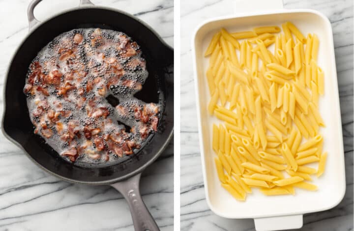 frying bacon in a skillet and adding penne to a casserole dish