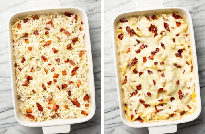 chicken bacon ranch casserole before and after baking
