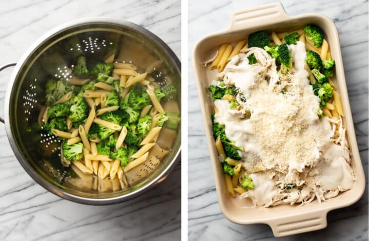 draining pasta and broccoli in a sieve and adding to a baking dish with sauce