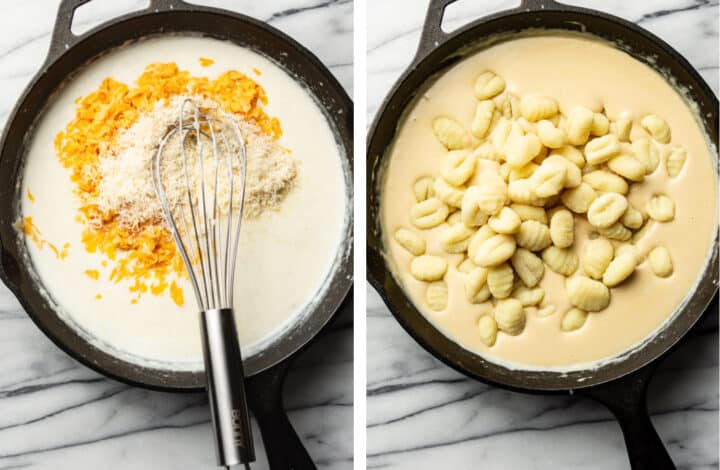 adding cheese and gnocchi to a skillet