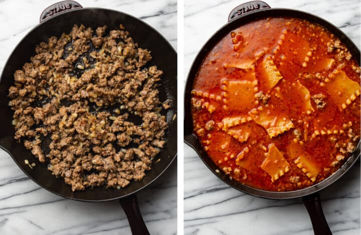 sauteing italian sausage and adding marinara and noodles to a skillet