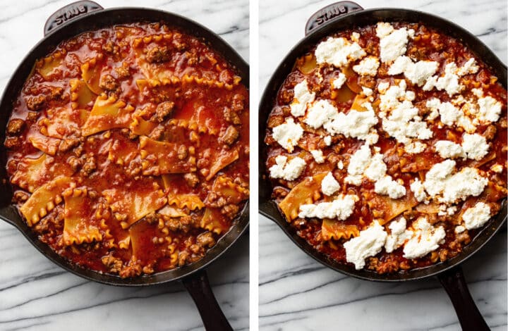 cooking down skillet lasagna and adding ricotta