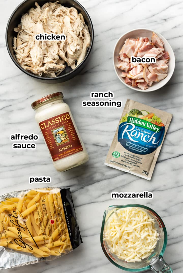 ingredients for chicken bacon ranch casserole on a counter