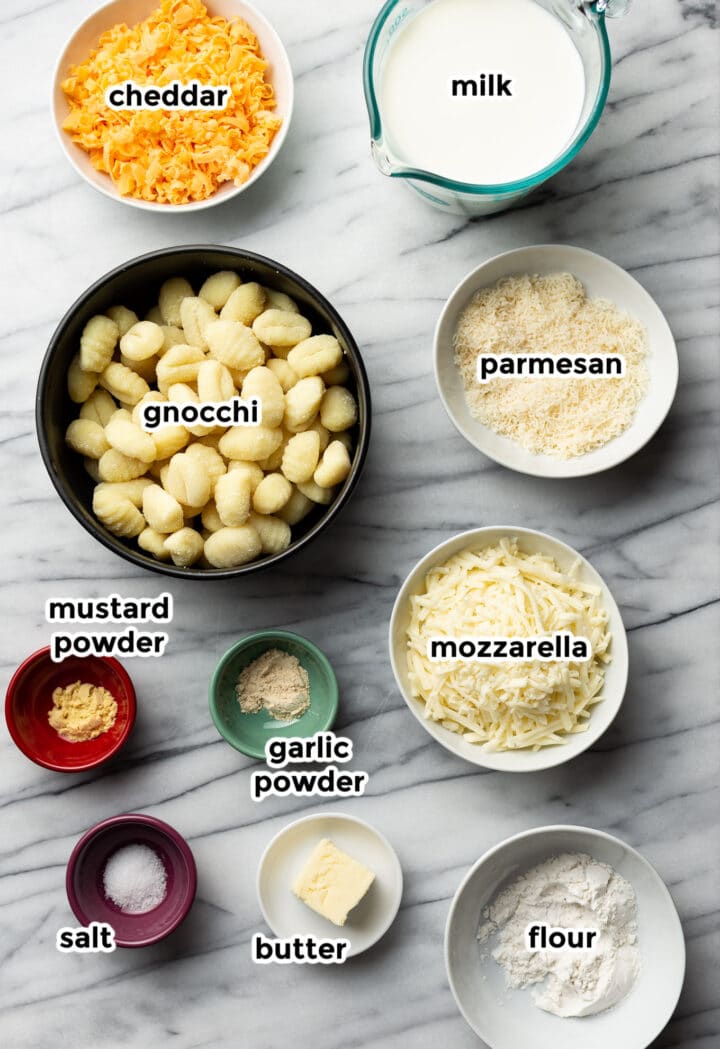 ingredients for mac and cheese gnocchi in prep bowls