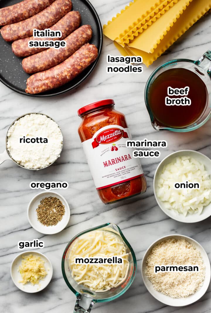 ingredients for skillet lasagna in prep bowls