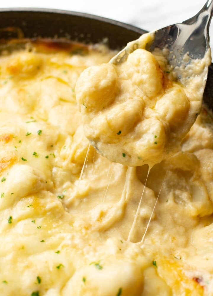 closeup of a spoonful of mac and cheese baked gnocchi