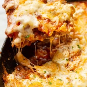 closeup of a portion of cheesy skillet lasagna