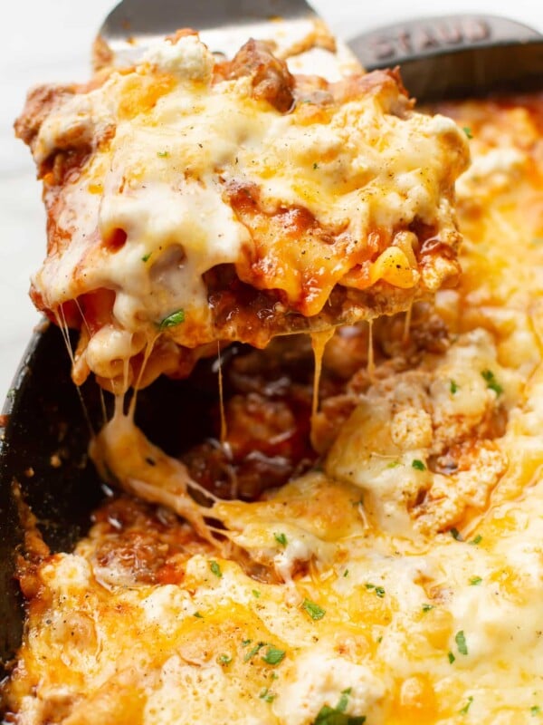 closeup of a portion of cheesy skillet lasagna