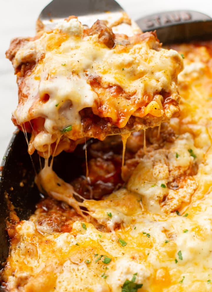 closeup of a portion of cheesy skillet lasagna