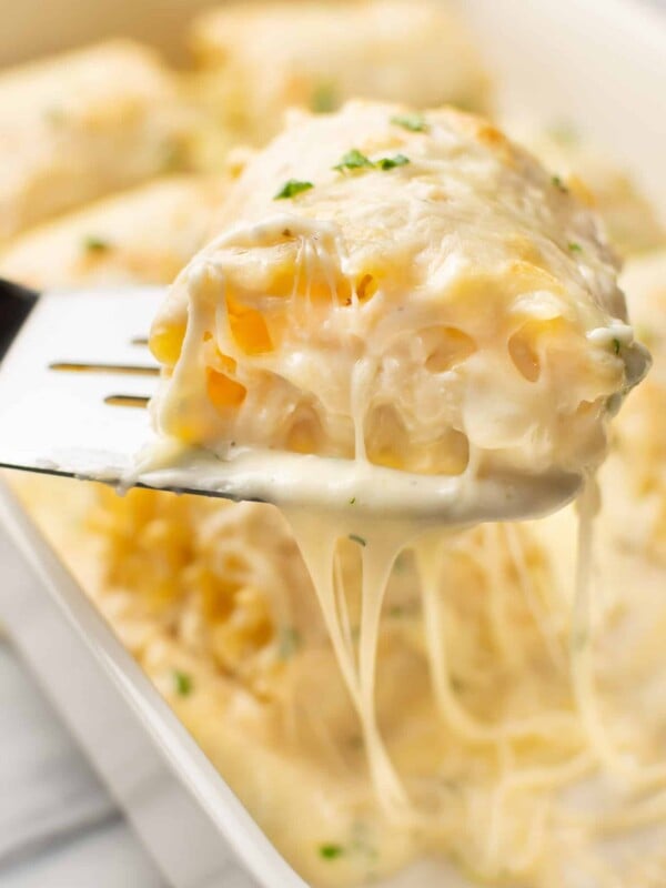 a skillet with a serving of chicken alfredo lasagna roll ups