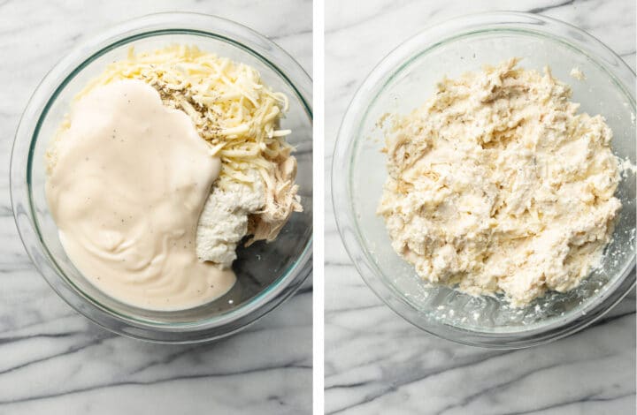 making chicken mixture in a glass prep bowl for chicken lasagna roll ups