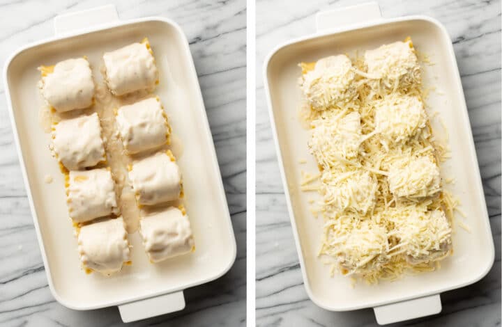 adding alfredo sauce and mozzarella to a baking dish with lasagna roll ups