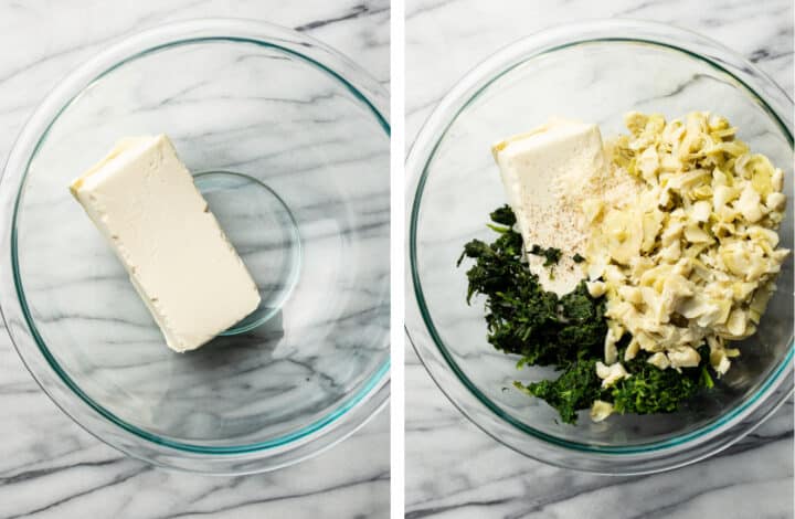 adding ingredients for spinach artichoke dip to a glass mixing bowl