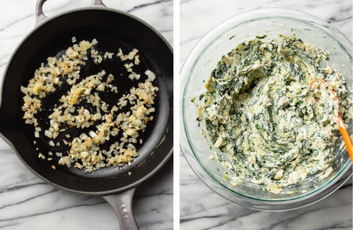 sauteing onion and garlic in a skillet and adding to a glass prep bowl