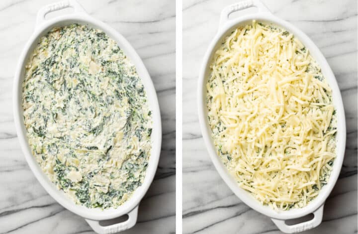 topping a baking dish of spinach artichoke dip with mozzarella
