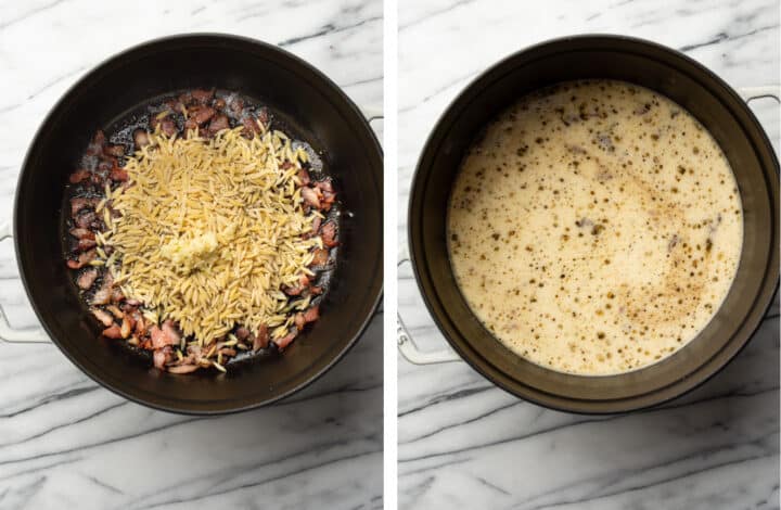 cooking orzo in a soup pot and adding broth and seasonings