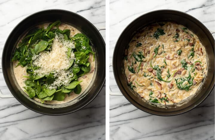 adding spinach and parmesan to a pot of orzo
