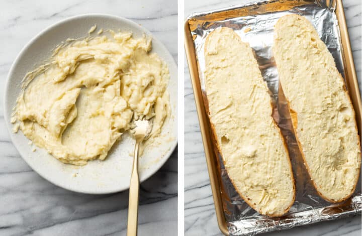 making garlic butter mixture in a bowl and adding to french bread