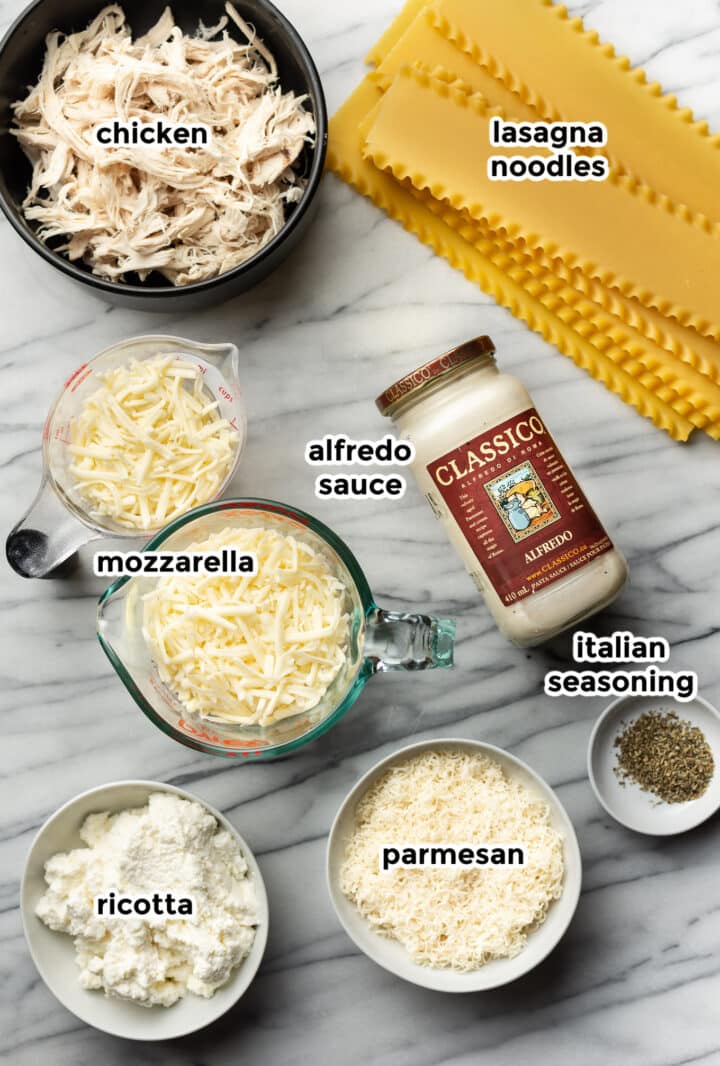 ingredients for chicken alfredo lasagna rollups in prep bowls