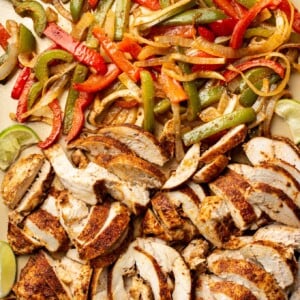 closeup of sheet pan chicken fajitas