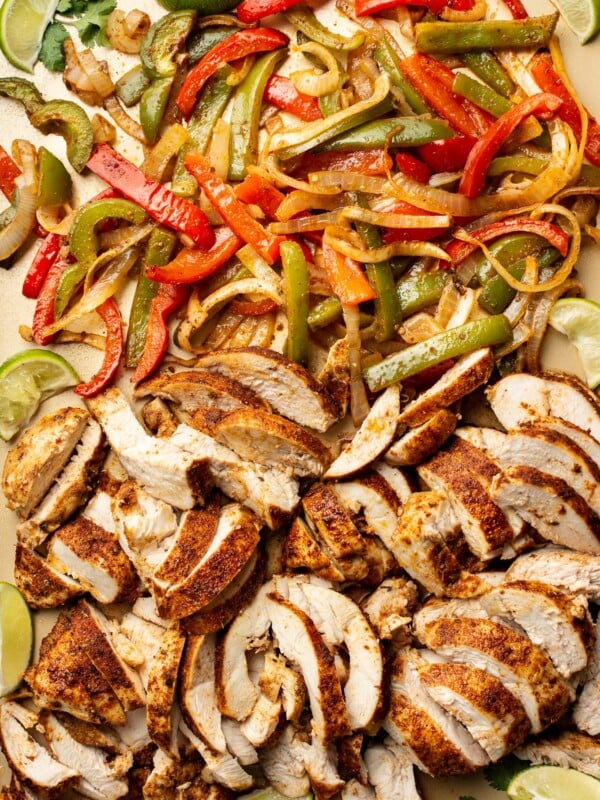 closeup of sheet pan chicken fajitas