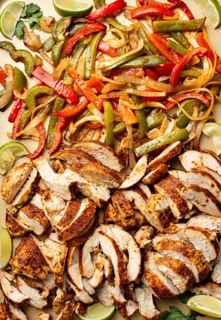 closeup of sheet pan chicken fajitas